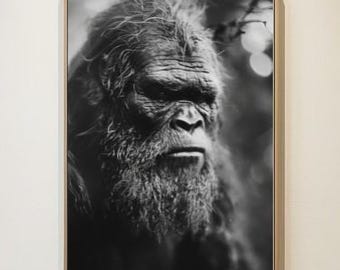 Bigfoot Wall Art | Photorealistic Sasquatch Portrait | Black White Cryptid | Unique Decor | Gift for Him