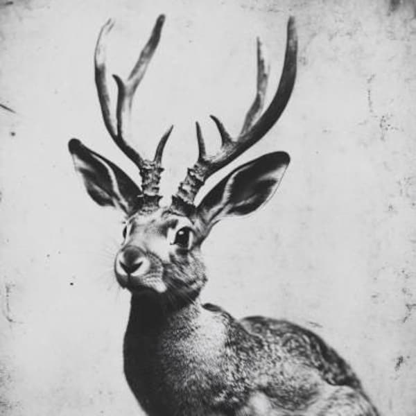 Zdjęcie Jackalope w stylu vintage | Mityczna kryptyda na ścianę (do pobrania w wersji cyfrowej)
