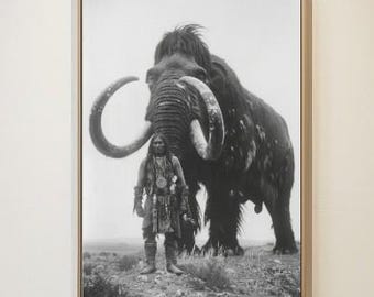 Native American Warrior & Woolly Mammoth Vintage Photo Art (Digital Download), Wall Art