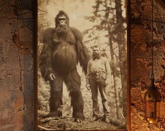 Bigfoot Wall Art | Vintage Bigfoot Photo Print | Sasquatch Lumberjack Encounter | Gift for Him