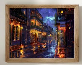 New Orleans French Quarter Oil Painting, Rainy Night Cityscape (Digital Download)