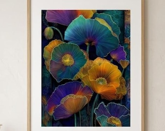 Vibrant Stained Glass Poppy Print | Moody Floral Botanical Art (Digital Download)