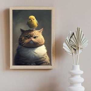 Cat Bird Friendship Art Digital Download, Whimsical Animal Print, Best Friends Wall Decor, Playful Kitty Birdie Art, Instant Download