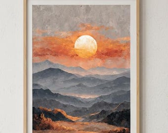 Japandi Sunset Landscape Print | Abstract Beige Taupe Horizon (Digital Art)