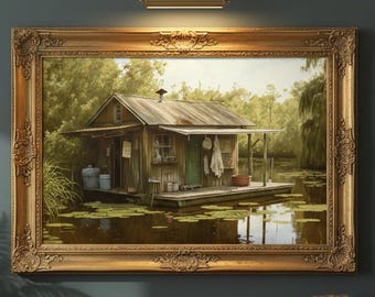 Cajun Boathouse Oil Painting | Louisiana Bayou Swamp Art (Digital Download)