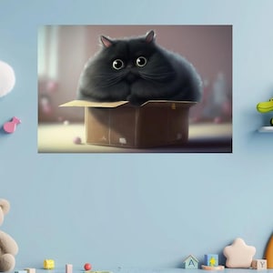 Chubby Cat in Box Digital Art, Cat Wall Decor, Printable Fat Cat Illustration, Kawaii Feline Print, Whimsical Animal Art Instant Download