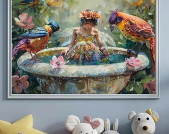 Fairy in Bird Bath Art Print: Whimsical Nursery Decor (Digital Download), Wall Art