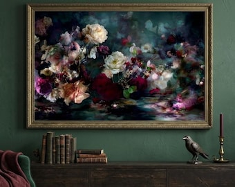 Dark Botanical Art Print | Moody Teal Burgundy Rose (Digital Download)