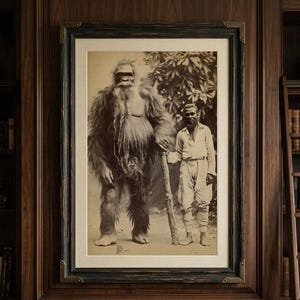 May include: A framed sepia-toned photograph depicting a tall, hairy, ape-like creature standing beside a person holding a wooden staff. The image is displayed in a dark wooden frame with metal corner accents, mounted on a dark wood paneled wall.