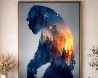 Bigfoot Double Exposure Art | Cryptid Silhouette Print | Modern Rustic Nature Decor