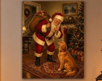 Santa Shushing Dog Christmas Art | Vintage Christmas Printable | Funny Santa Decor | Affordable Wall Art | Downloadable Prints