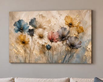 Abstract Wildflower Wall Art | Blue Gold Floral Art | Affordable Wall Art | Downloadable Prints