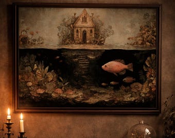High Strangeness Undersea and Island House | Moody Bosch Style Coral Oil Painting | Dark Fantasy