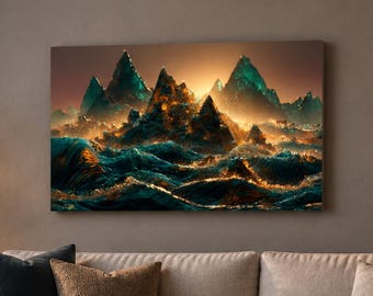 Surreal Ocean Mountain Art | Fantasy Seascape | Teal Gold Decor | Affordable Wall Art | Downloadable Prints