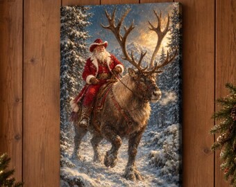 Cowboy Santa Reindeer Art | Western Christmas Print | Rustic Holiday Decor | Affordable Wall Art | Downloadable Prints