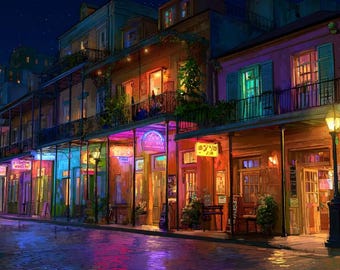 Ghibli Style New Orleans Art | French Quarter Neon Print | Vibrant Anime Wall Decor