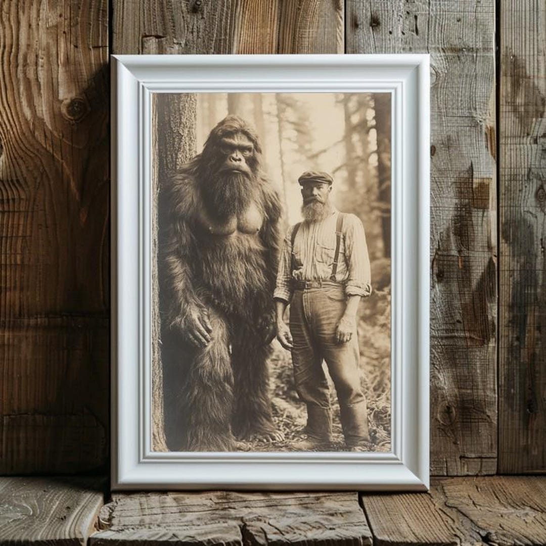 Vintage Bigfoot Photo Print: Sasquatch Lumberjack Encounter