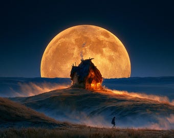 Moonlit Fantasy Cottage | Giant Full Moon Landscape Wall Art