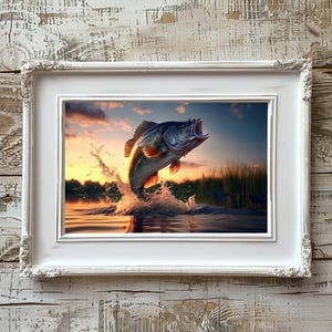 Leaping Bass Fish Art Digital Download, Largemouth Bass Jumping Print, Vibrant Fishing Decor, Action Shot Wildlife Wall Art