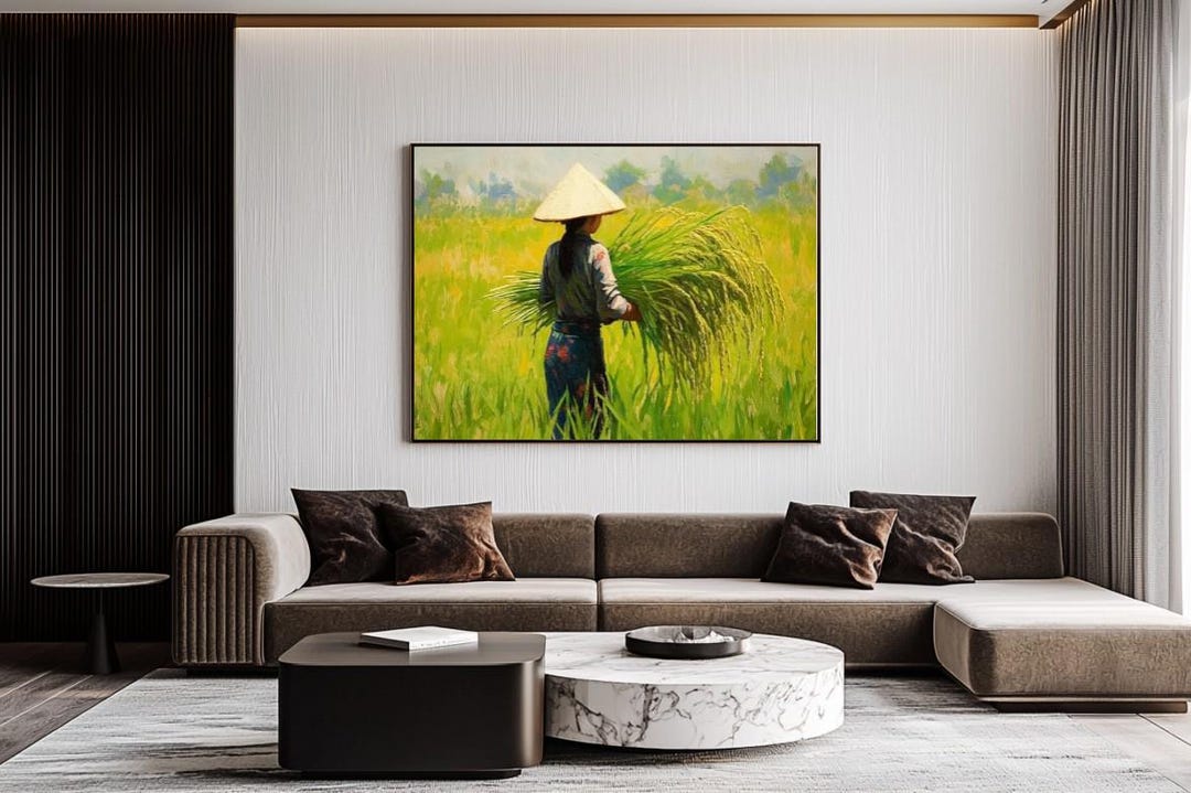 ヴィンテージベトナム田んぼの絵画：円錐帽子の女性、アジアの風景