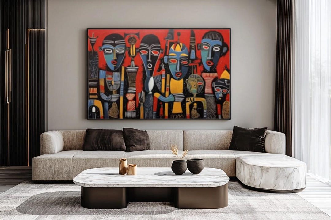 (値段交渉可)アフリカで購入したインテリア アフリカ抽象アートプリント：コンゴ・ノニャンスタイル、黒い顔