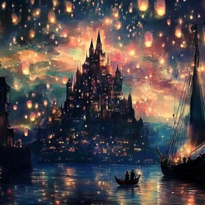 Arte de castillo de fantasía, descarga digital de paisaje iluminado por la luna, pintura de faroles flotantes, escena romántica de barco, decoración de pared al óleo estilo noche estrellada