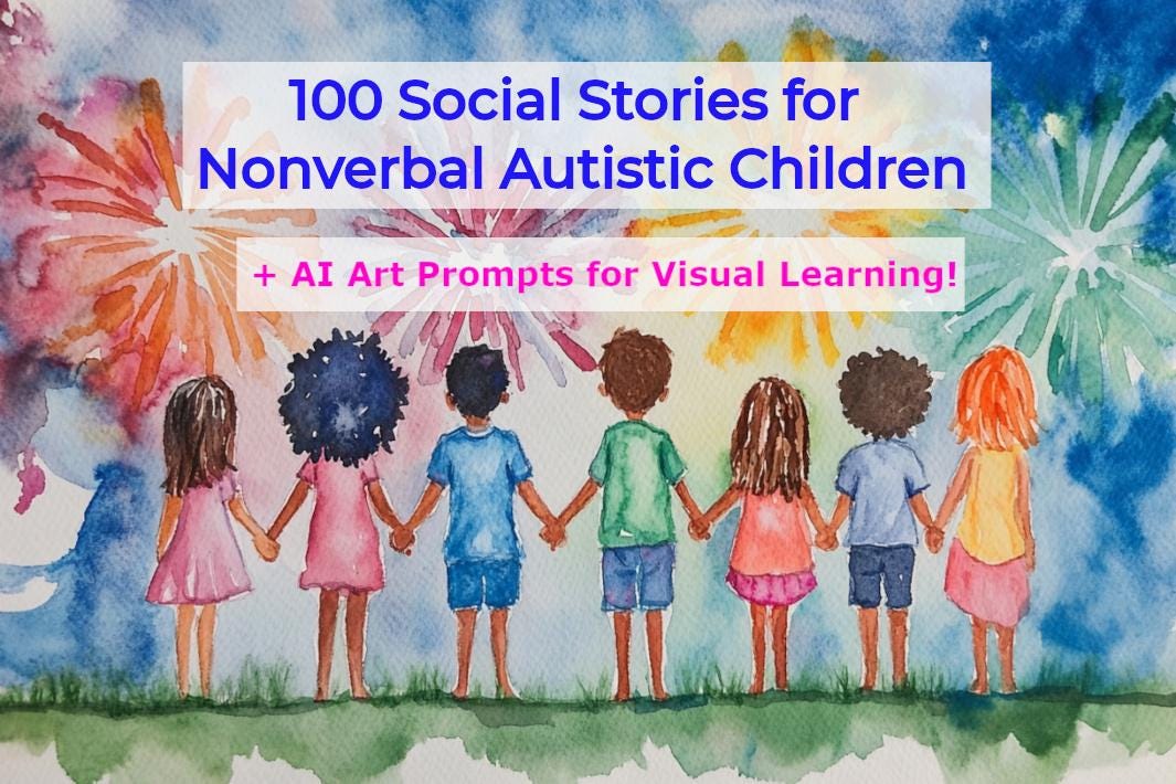 100 historias sociales para niños autistas no verbales + sugerencias artísticas con IA (PDF) / Herramientas de aprendizaje visual para padres y docentes, descarga instantánea