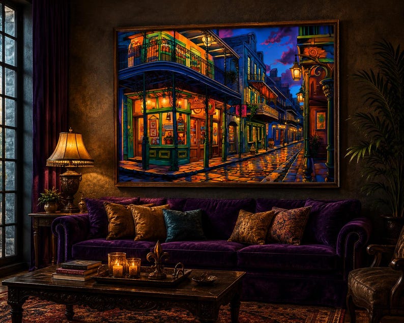Puede incluir: Una gran pintura enmarcada representa una vibrante escena callejera con edificios coloridos, iluminados por farolas. La obra de arte cuelga sobre un lujoso sof&aacute; de terciopelo p&uacute;rpura adornado con cojines decorativos. Una mesa de centro de madera oscura con velas y libros completa el acogedor sal&oacute;n.