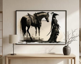 武士と馬の水墨画色紙サイズ　フレームなし サムライ墨絵と書道、馬に乗った弓矢のプリント - Etsy 日本
