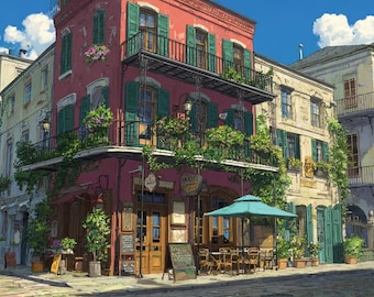 New Orleans French Quarter Art | Whimsical Anime Style NOLA Print | Colorful Decor