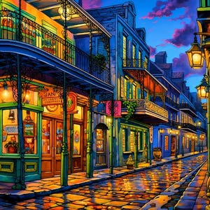 Puede incluir: Una pintura vibrante de una calle de Nueva Orleans al anochecer. Los edificios con balcones y escaparates bordean la calle adoquinada, iluminados por farolas y luces de tiendas. El cielo es una mezcla de azules y p&uacute;rpuras.