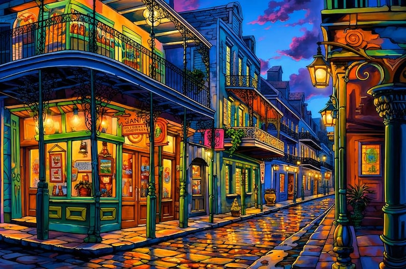 Puede incluir: Una pintura vibrante de una calle de Nueva Orleans al anochecer. Los edificios con balcones y escaparates bordean la calle adoquinada, iluminados por farolas y luces de tiendas. El cielo es una mezcla de azules y p&uacute;rpuras.
