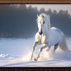 Winterpaard kunst digitale download, galopperend wit paard in de sneeuw, acrylschilderstijl, wanddecoratie ruitersport, sereen winterlandschap