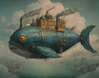 Steampunk Whale Airship | Victorian Fantasy Flying City Wall Art
