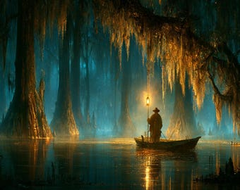 Louisiana Bayou Fisherman Wall Art | Southern Gothic Cajun Swamp Print