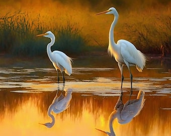 White Egrets Oil Painting, Louisiana Marsh Art (Digital Download)