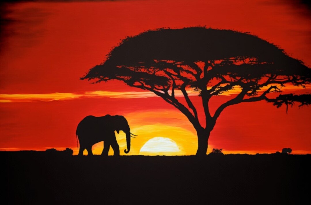African Sunset, Elephant, Africa, Frameable Art, Printable Art, Oil