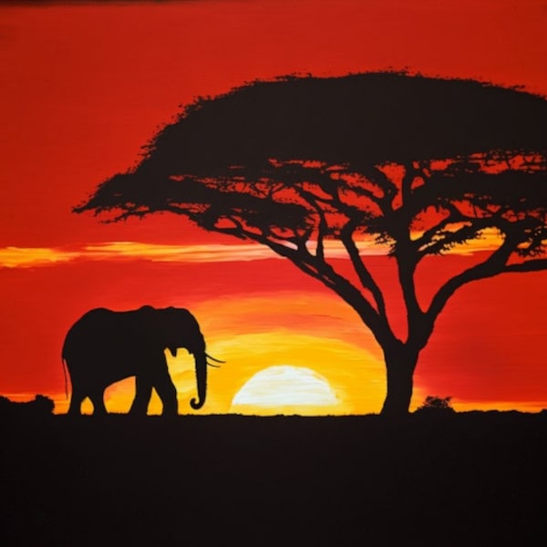 African Sunset, Elephant, Africa, Frameable Art, Printable Art, Oil Painting Style, Gift, Africa Gift, AI Art, Downloadable Art, Wall Art