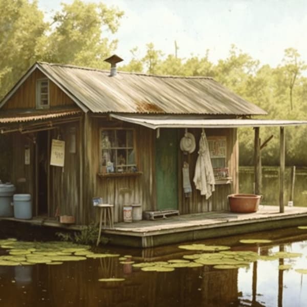 Remise à bateaux cajun de Louisiane, Louisiana Swamp, impressions d'art, peinture, estampes murales, art à encadrer, art numérique, art imprimable, art IA, cadeau