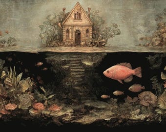 High Strangeness Undersea and Island House | Moody Bosch Style Coral Oil Painting | Dark Fantasy