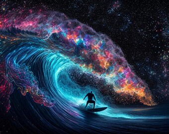 Cosmic Star Surfer Wall Art | Nebula Galaxy Wave Poster | Surreal