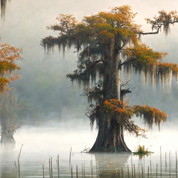 Louisiana Cypress Swamp, Louisiana Art, Love Louisiana, Gift, Swamp, New Orleans, AI Art, Oil Painting Style, Frameable Art, Wallpaper
