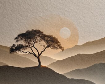 Japandi Sunset Landscape Print, Minimalist Tree Mountain Neutral Boho Decor Download