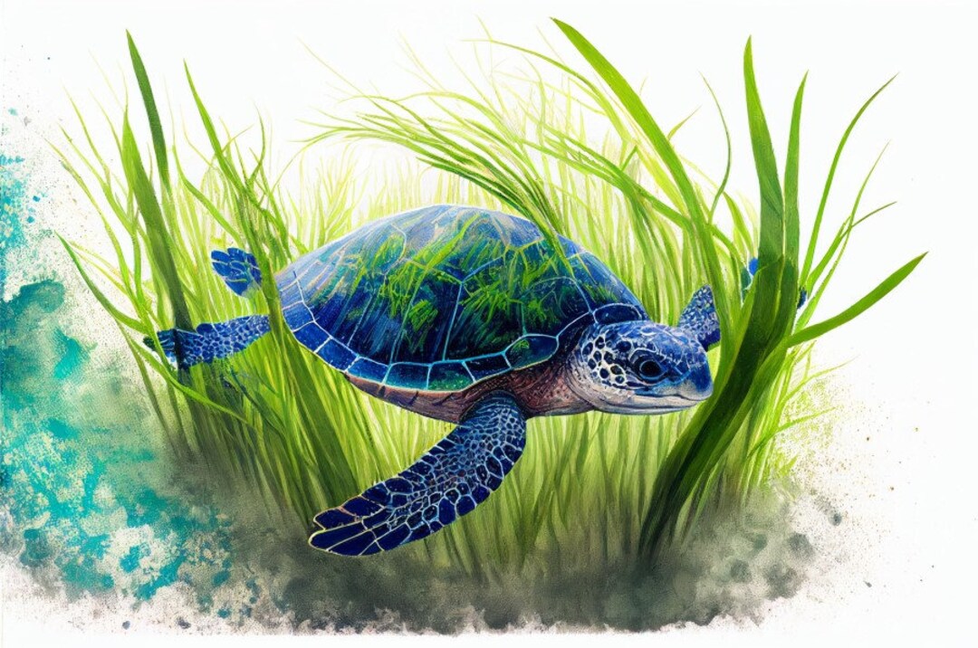 水彩画「タートルプリント」：青い海のマリンアート（デジタル