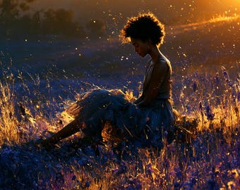 Black Woman Lavender Field Art | African American Wall Decor | Sunset Portrait