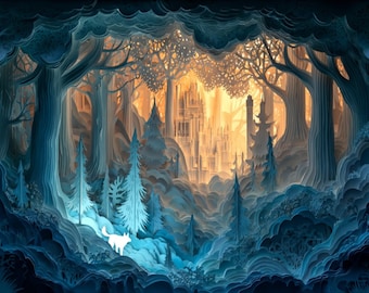 Enchanted Paper Forest Castle | Blue Fantasy Woodland Wall Art