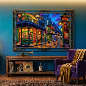 Puede incluir: Una pintura enmarcada de una colorida escena callejera cuelga de una pared verde azulado. Una l&aacute;mpara vintage, una mesa de madera y un sill&oacute;n morado con una manta dorada est&aacute;n frente a la pared. Una trompeta y discos de jazz est&aacute;n en un estante de madera.