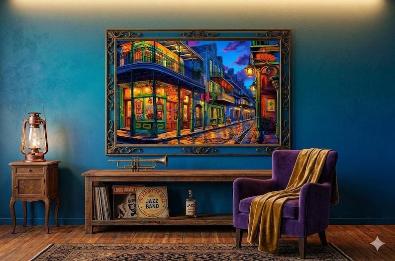 Puede incluir: Una pintura enmarcada de una colorida escena callejera cuelga de una pared verde azulado. Una l&aacute;mpara vintage, una mesa de madera y un sill&oacute;n morado con una manta dorada est&aacute;n frente a la pared. Una trompeta y discos de jazz est&aacute;n en un estante de madera.