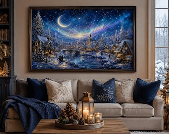 Christmas Village Nightscape | Affordable Wall Art | Celestial Winter Wall Art | Downloadable Prints