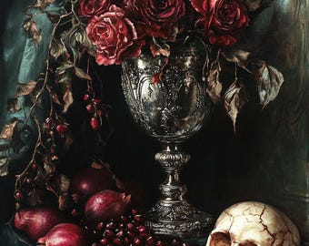 Gothic Still Life Wall Art | Dark Floral Skull Print